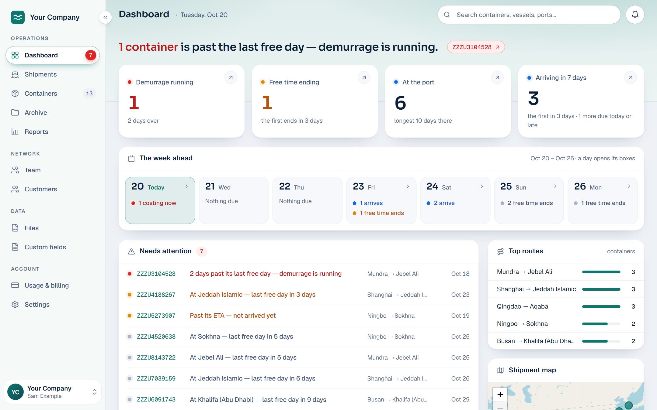 Your Company's dashboard at yourcompany.sailping.com, its logo at the top of the side menu and its colour on the open page.
