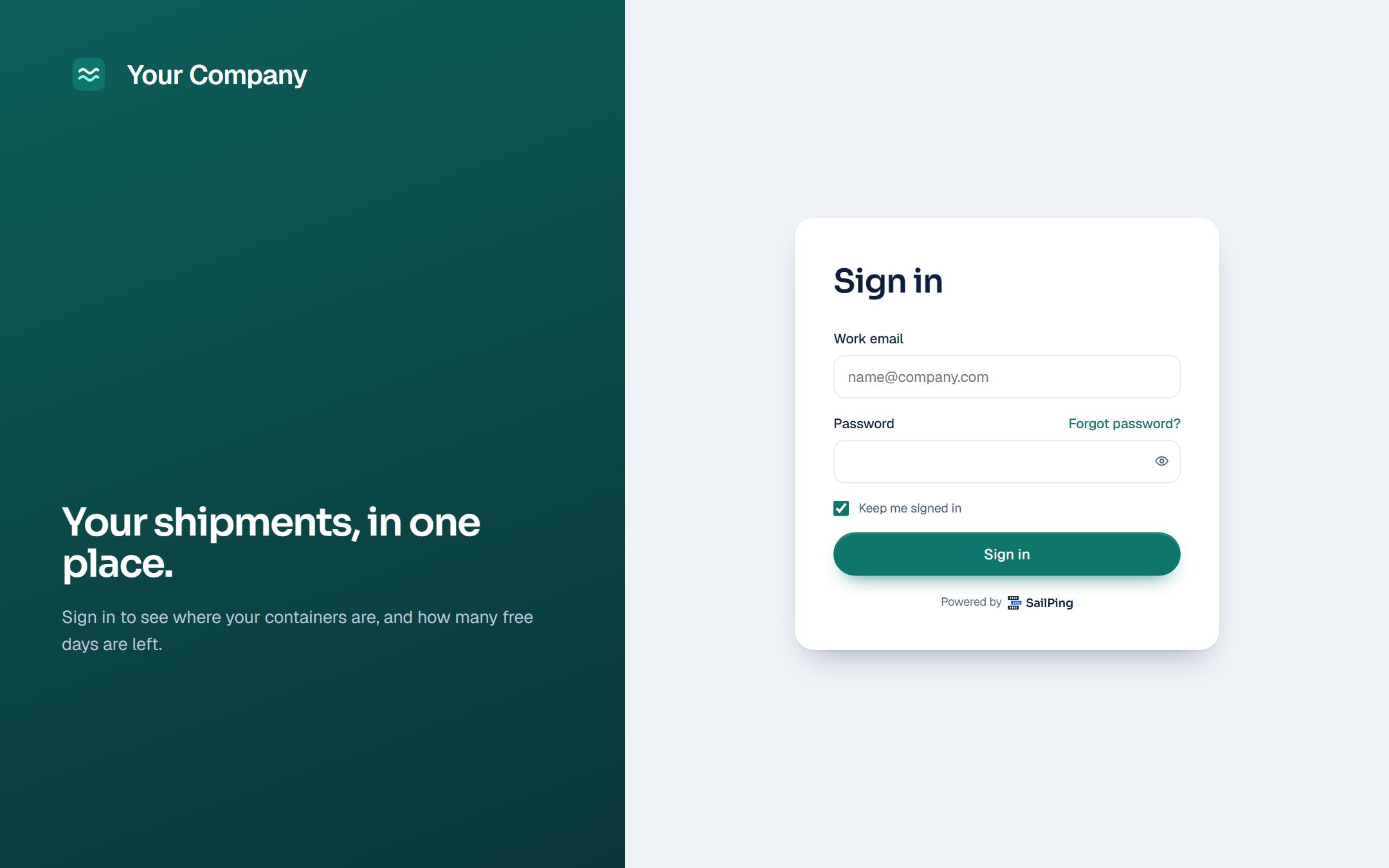 The sign-in page at yourcompany.sailping.com: Your Company's logo, colour and words, and under the form a small “Powered by SailPing”.
