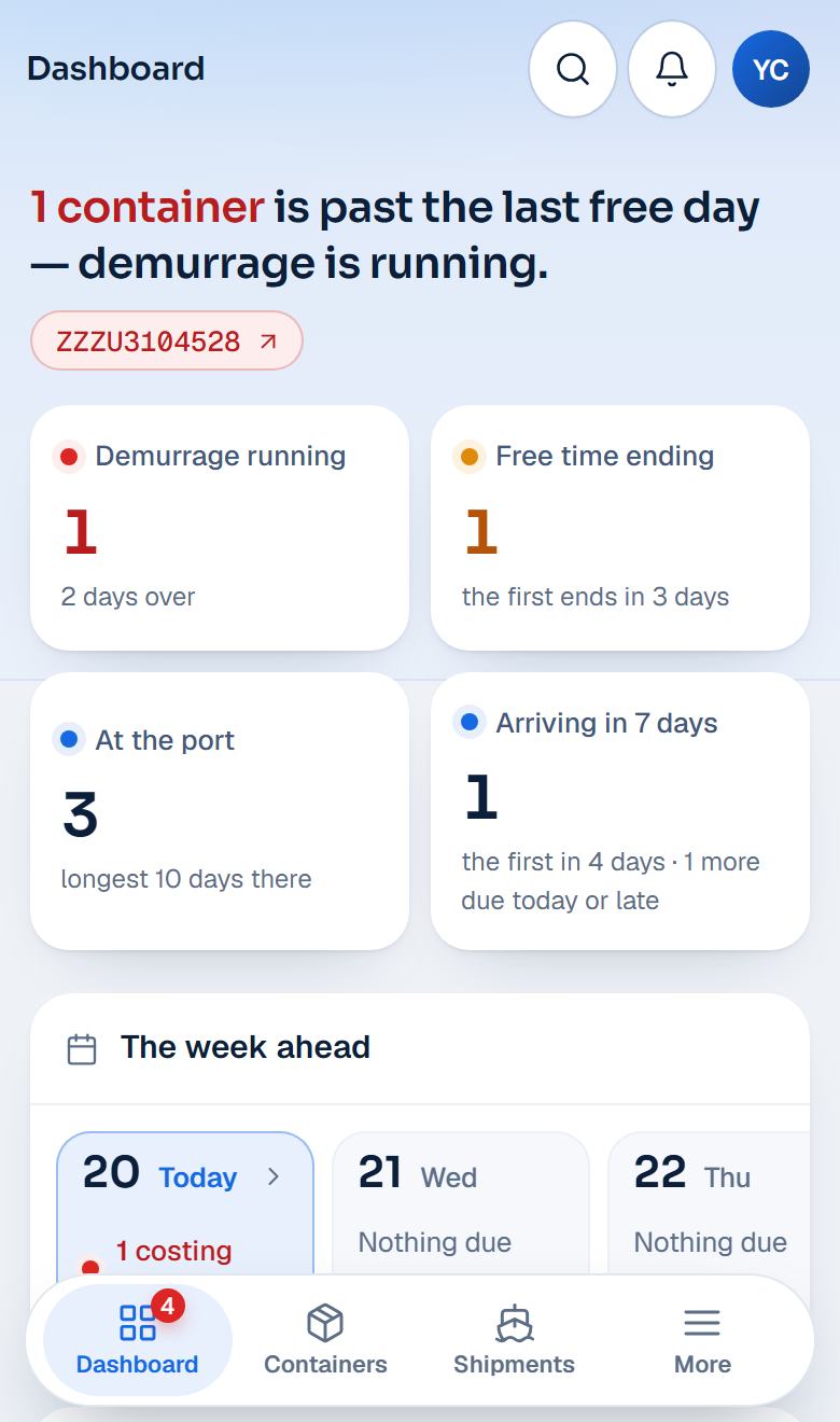 The SailPing dashboard on a phone, with example data: in red, 1 container is past its last free day — ZZZU3104528, at Jebel Ali; then the four counts and the week ahead.